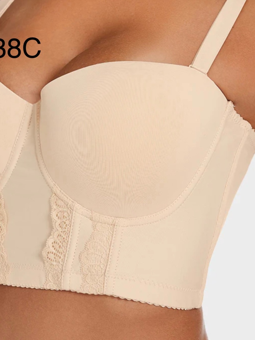 Longline Strapless Support Bra with Lace Trim - Beige